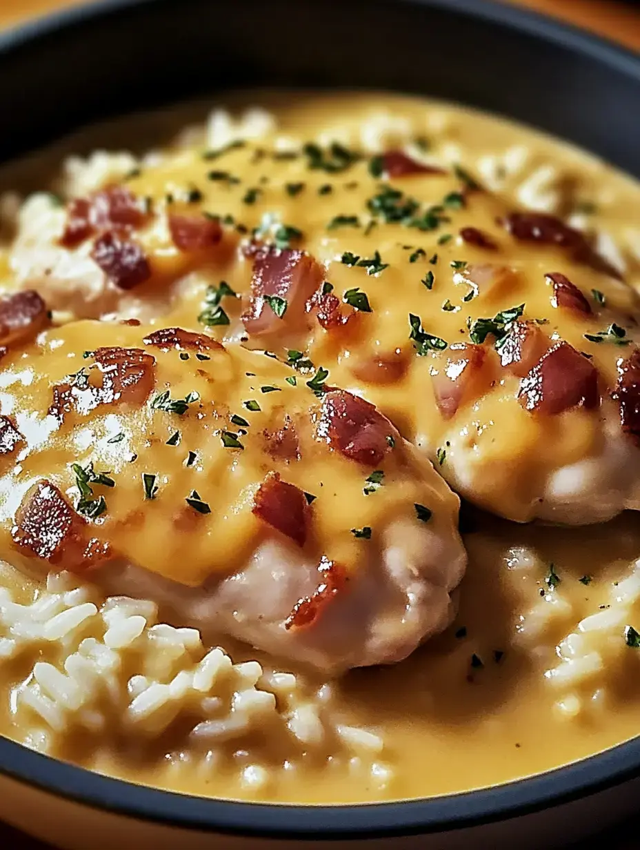 A close-up of two baked chicken breasts topped with melted cheese and bacon bits, served over a bed of rice in a creamy sauce.