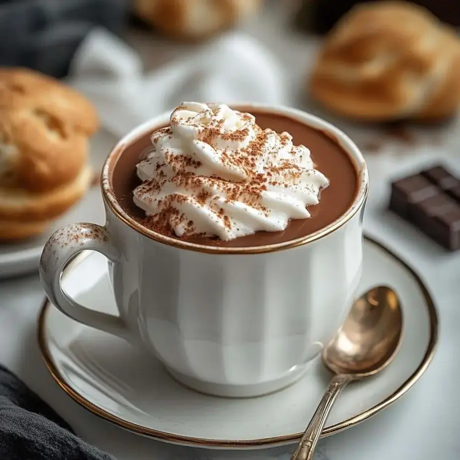 A close-up of a cup of hot chocolate topped with whipped cream and cocoa powder, accompanied by a golden spoon and fluffy pastries in the background.