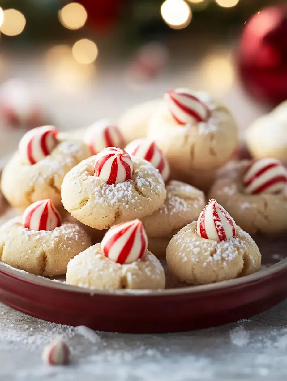 A close-up of a plate of festive cookies topped with red and white peppermint candies, dusted with powdered sugar.