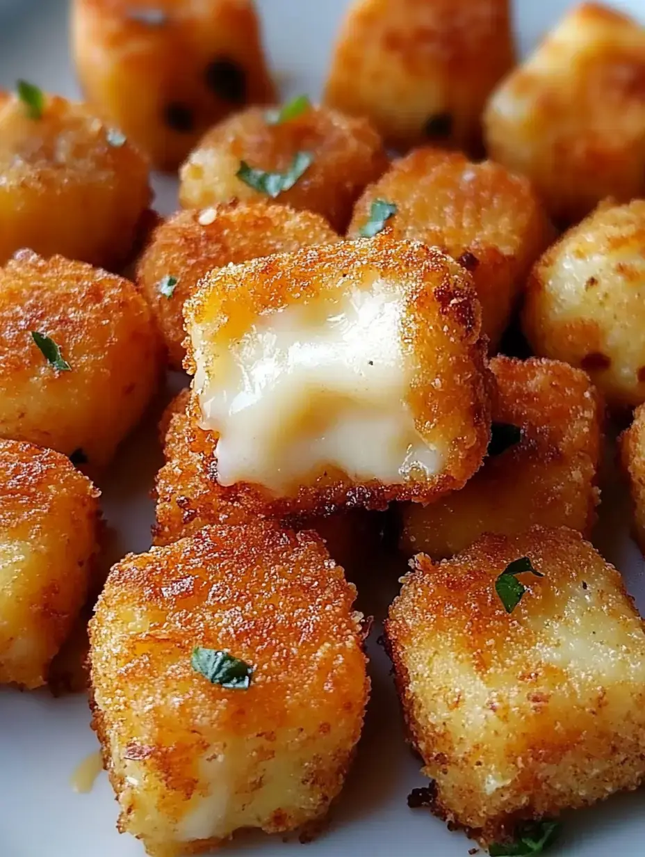 A close-up of golden-brown, crispy cheese cubes with a bite taken out, revealing a soft, gooey interior, garnished with small green herbs.