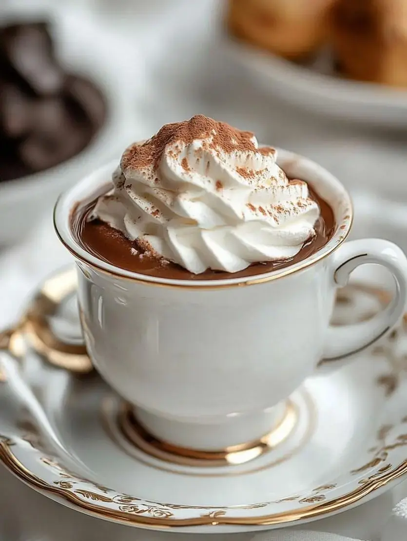 A beautifully styled cup of hot chocolate topped with whipped cream and dusted with cocoa powder, presented on an elegant saucer.