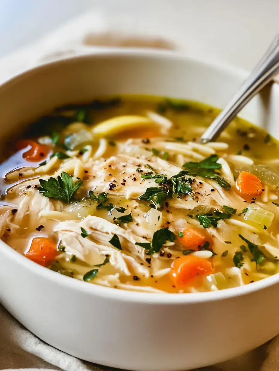 A bowl of chicken noodle soup garnished with parsley, featuring shredded chicken, carrots, celery, and noodles in a flavorful broth.