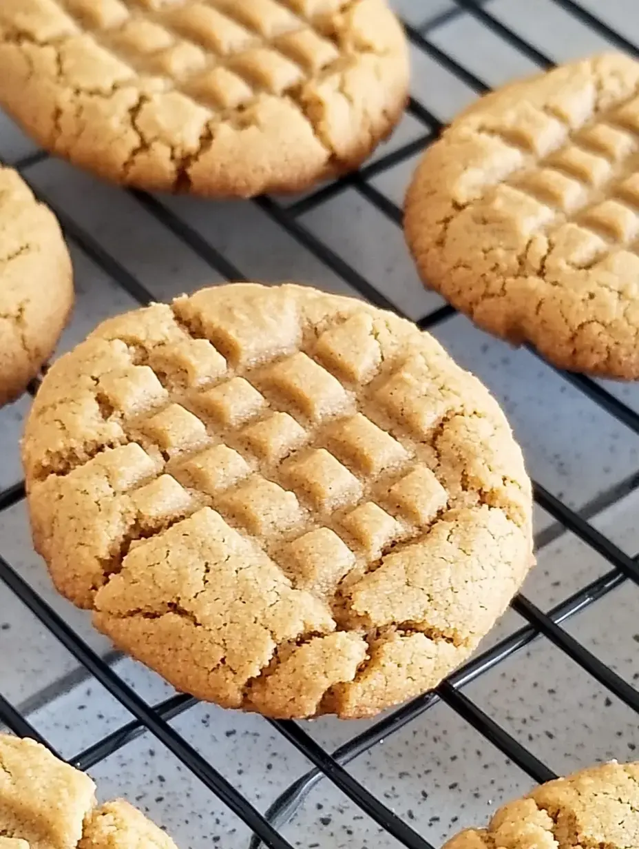 A close-up of freshly baked peanut butter cookies cooling on a wire rack.