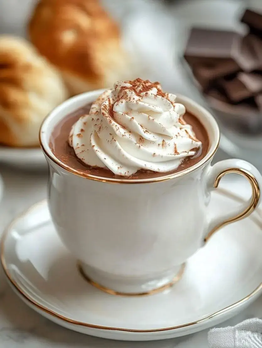 A beautifully crafted cup of hot chocolate topped with whipped cream and cocoa powder, surrounded by pastries and chocolate pieces.