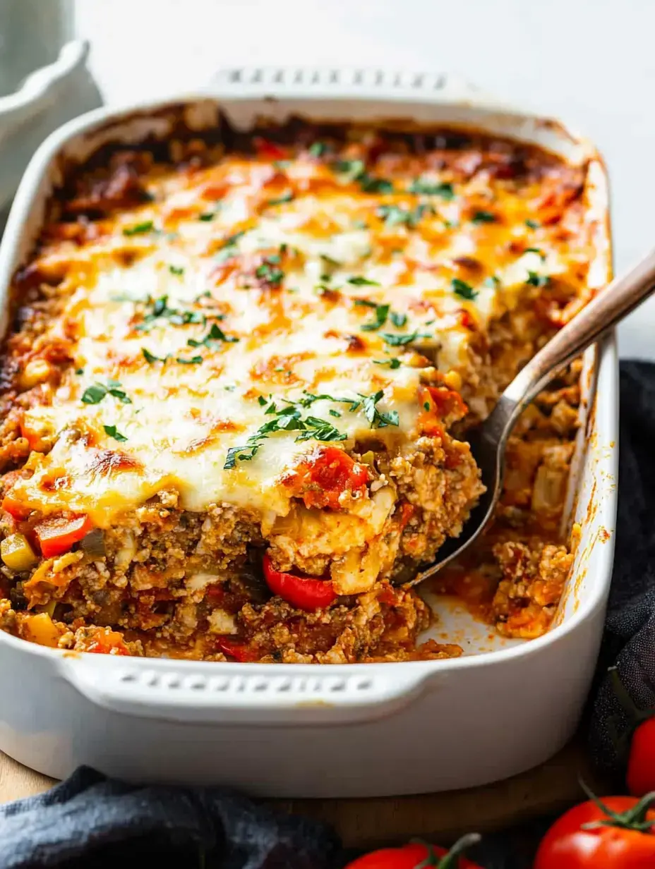 A serving spoon is lifting a portion of a cheesy, baked casserole filled with ground meat, vegetables, and topped with melted cheese, in a white baking dish.