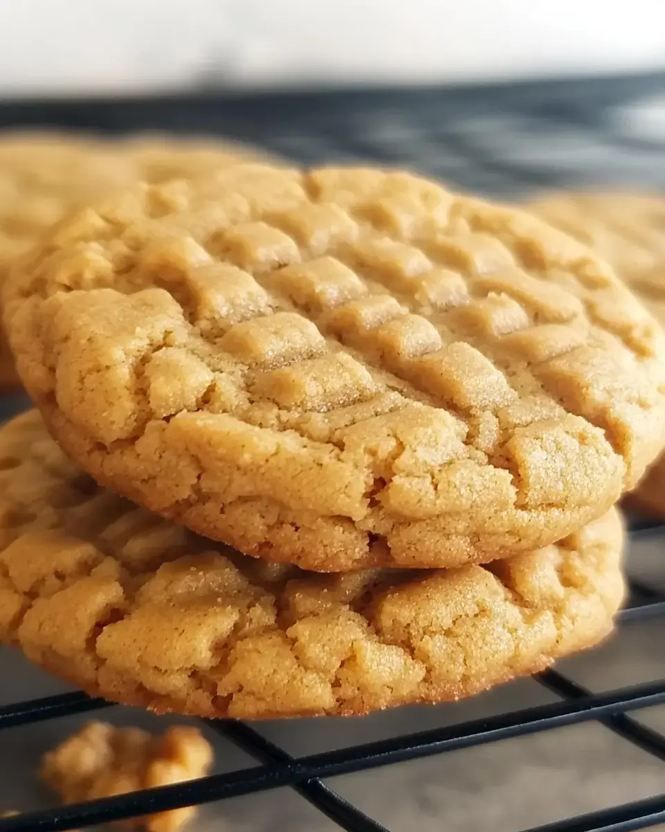 Two freshly baked peanut butter cookies are stacked on a cooling rack.