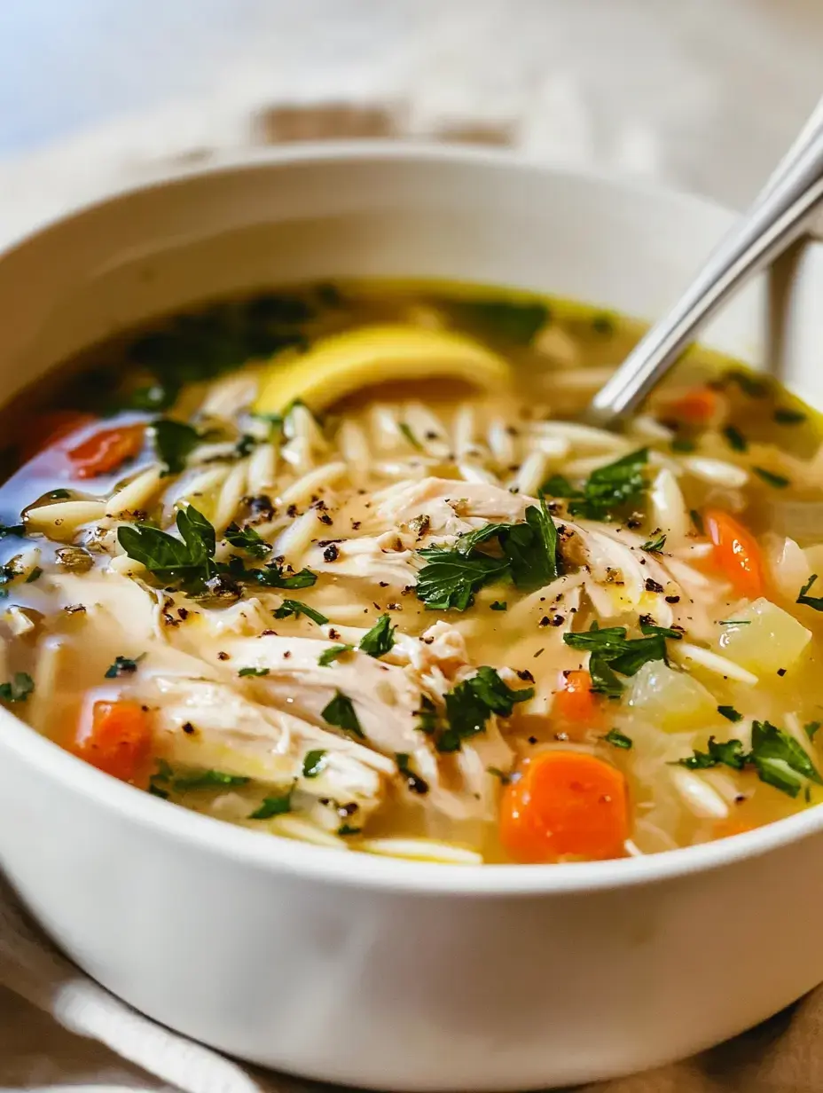 A bowl of chicken soup with noodles, vegetables, and garnished with parsley and a slice of lemon.