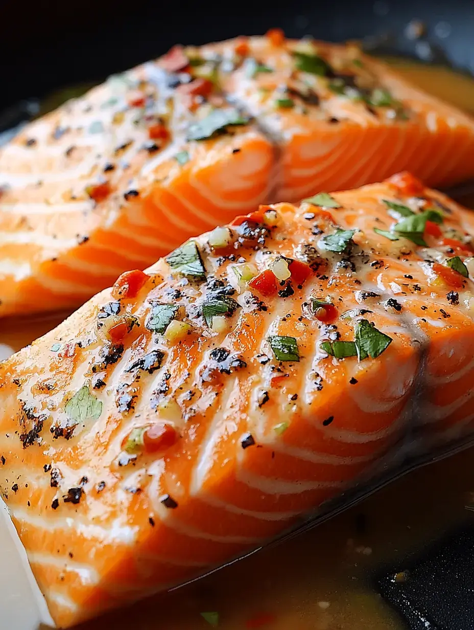 Two pieces of seasoned salmon fillets are resting in a pan, garnished with herbs and spices.