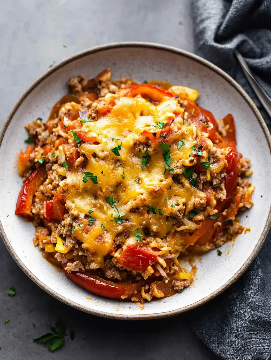 A close-up of a bowl filled with a savory mix of ground meat, bell peppers, rice, and melted cheese, garnished with fresh parsley.