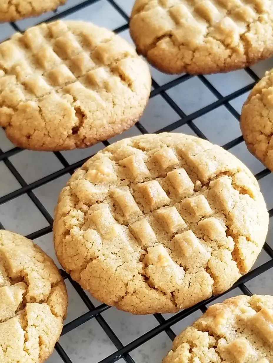 A close-up of freshly baked peanut butter cookies cooling on a wire rack.