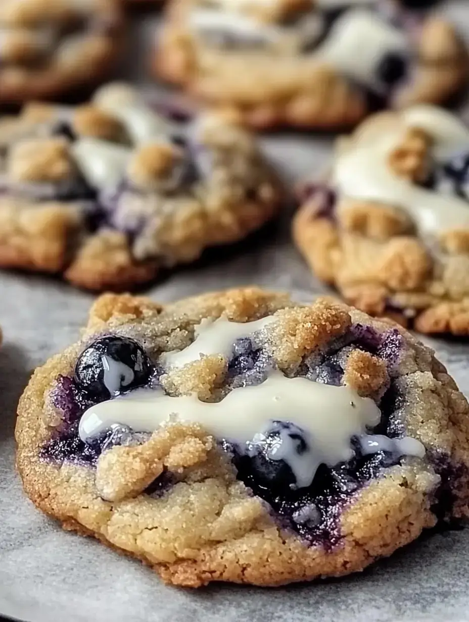 A close-up of freshly baked cookies topped with blueberries and a drizzle of icing on a parchment-lined surface.