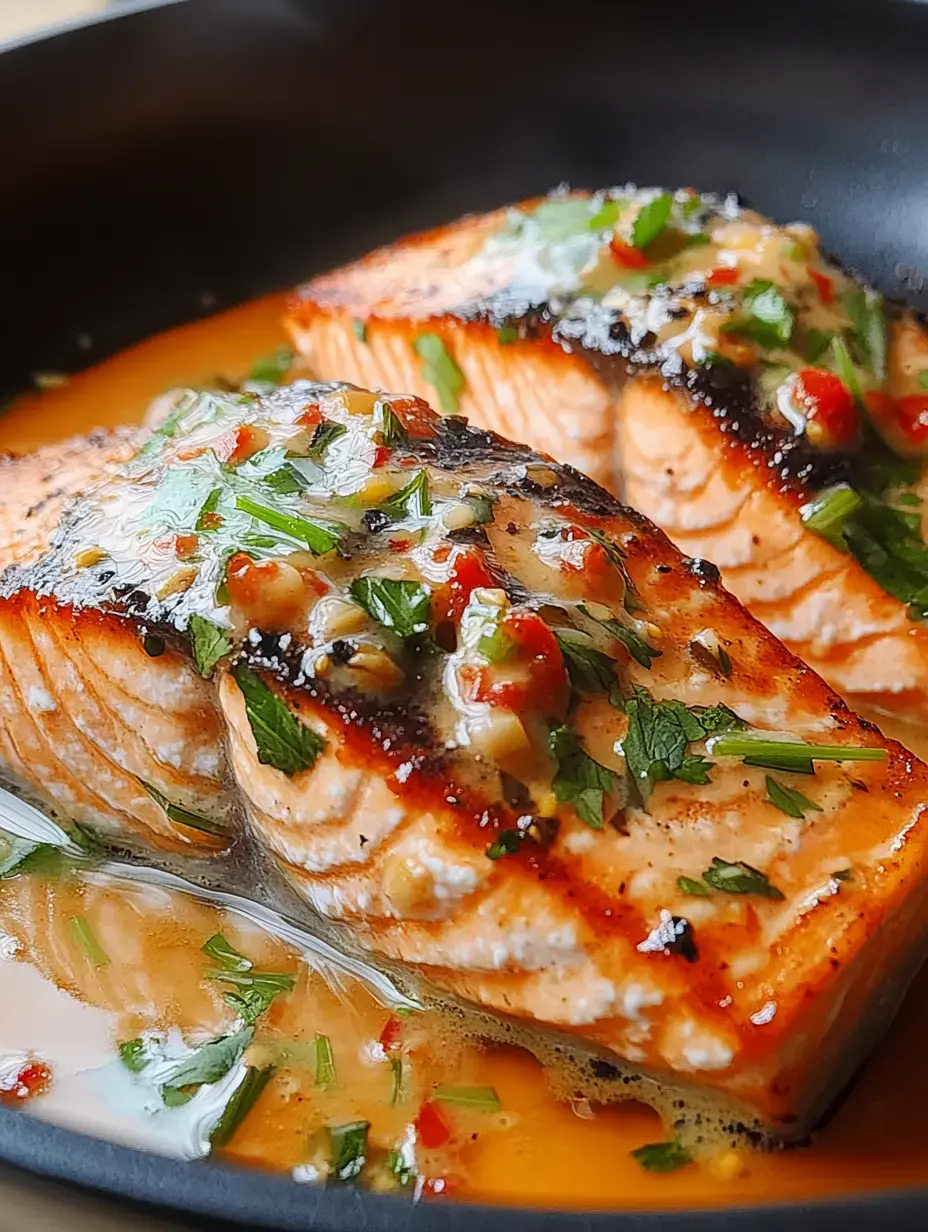 Two pieces of glazed salmon are cooked in a pan, garnished with herbs and spices, resting in a flavorful sauce.