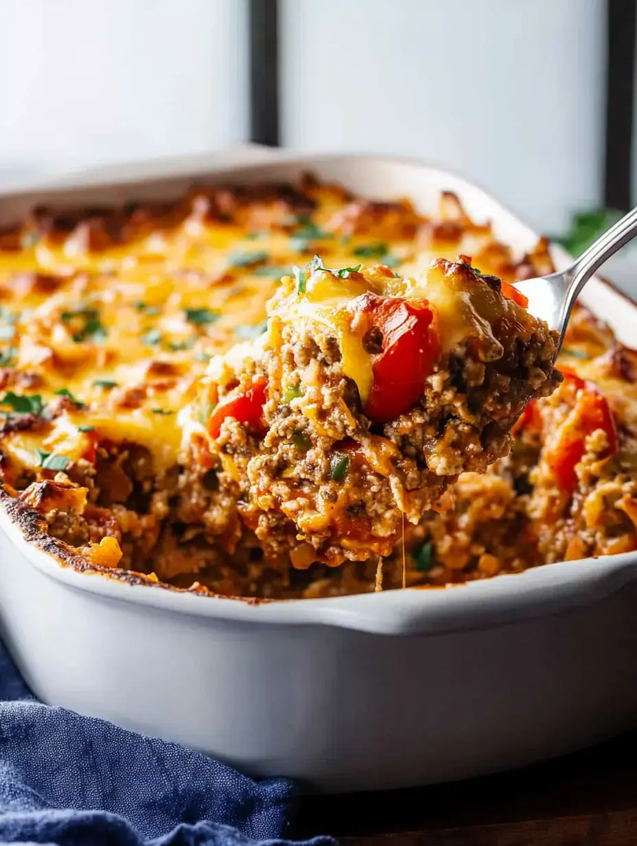 A serving spoon lifts a portion of cheesy beef casserole from a white baking dish, showcasing its ingredients and melted cheese.