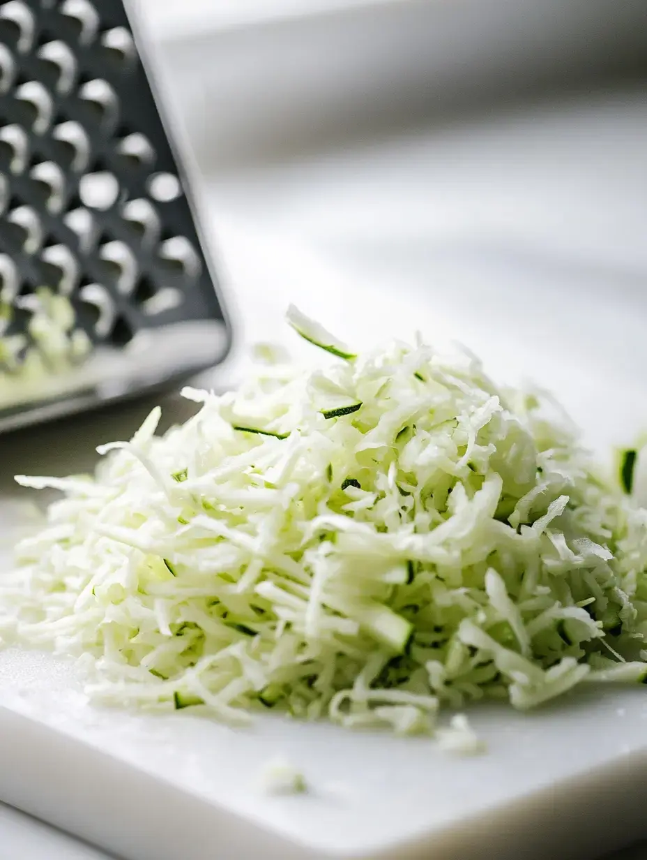 A close-up of finely shredded zucchini on a white cutting board next to a grater.