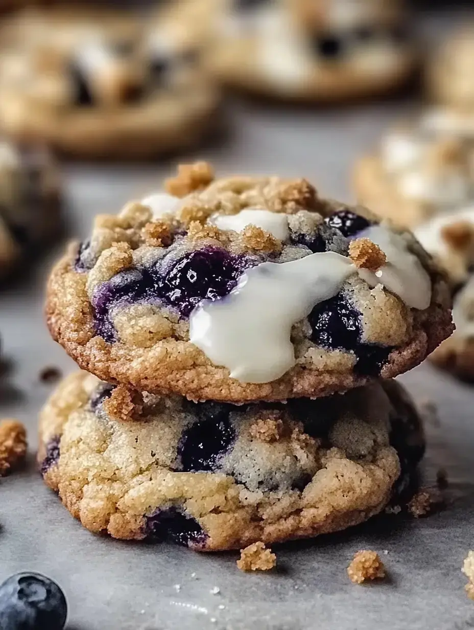 Two stacked blueberry cookies topped with a drizzle of icing and sprinkled with crumbs, surrounded by scattered blueberries on parchment paper.