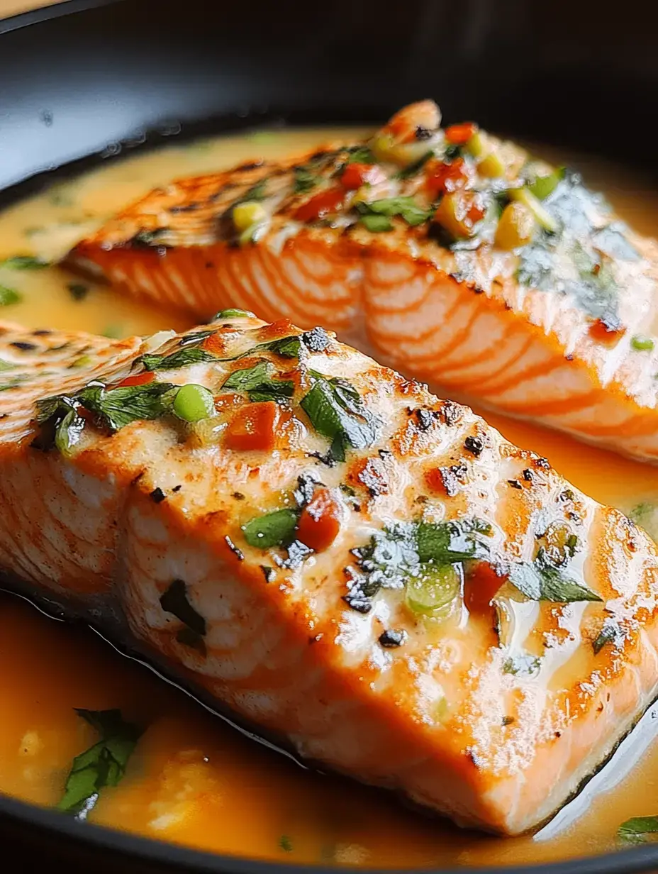 Two grilled salmon fillets topped with herbs and spices are displayed in a flavorful broth.