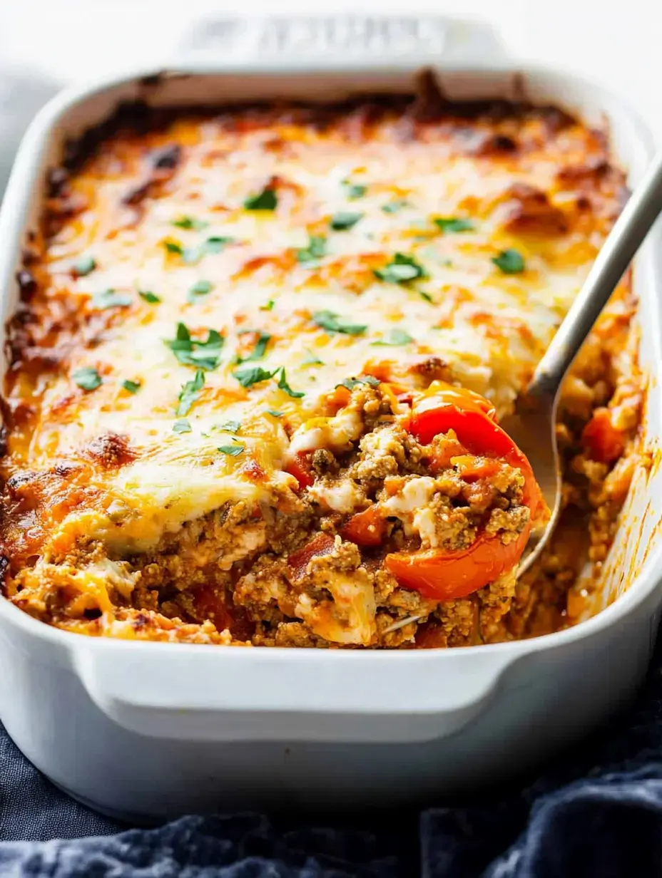 A serving spoon is lifting a portion of baked casserole topped with melted cheese and garnished with chopped parsley, showcasing layers of meat, vegetables, and sauce in a white dish.