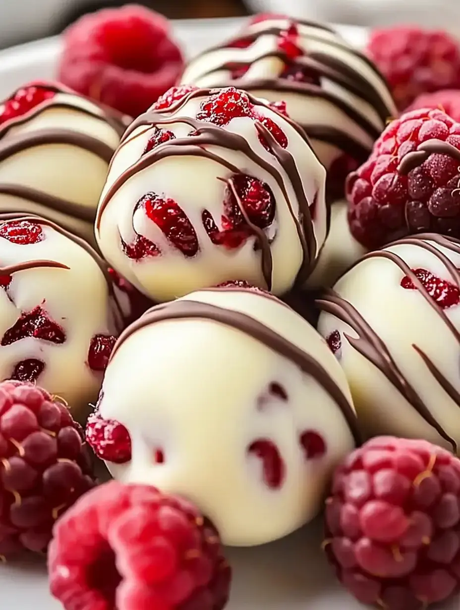 A close-up of white chocolate truffles filled with raspberries, drizzled with dark chocolate, surrounded by fresh raspberries.