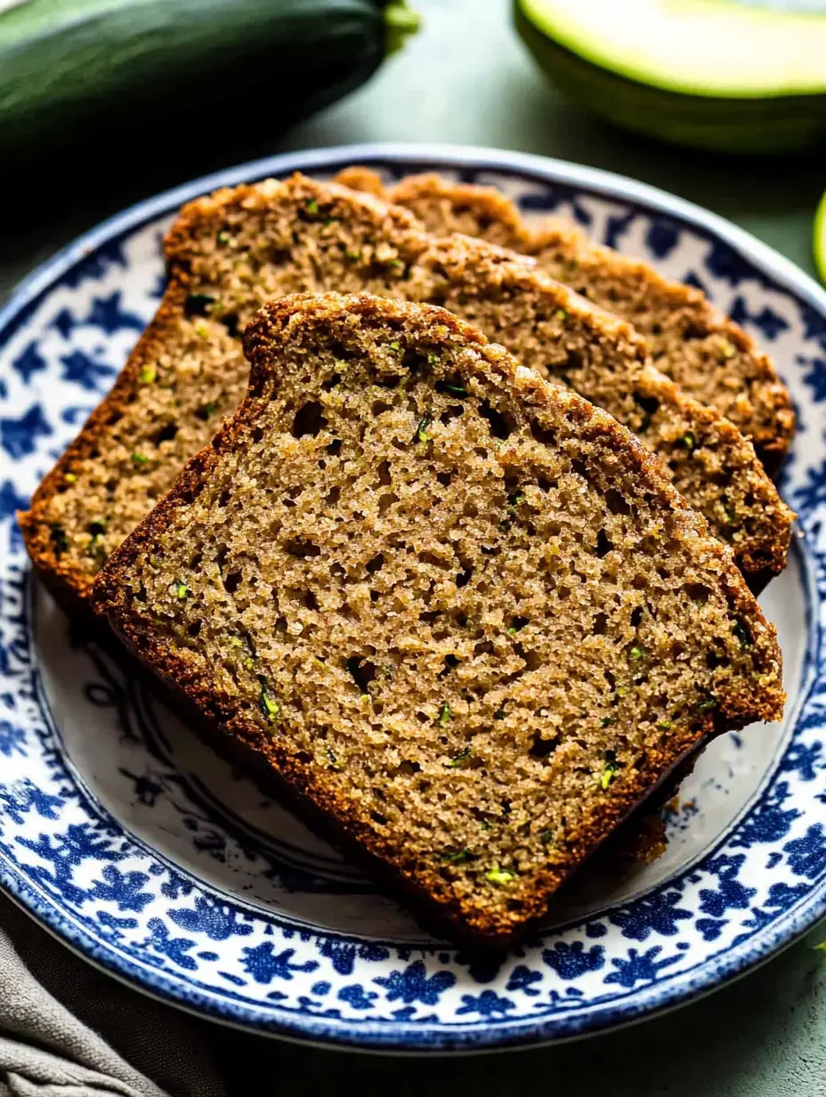 A plate of sliced zucchini bread sits alongside a whole zucchini and half of a cut zucchini.