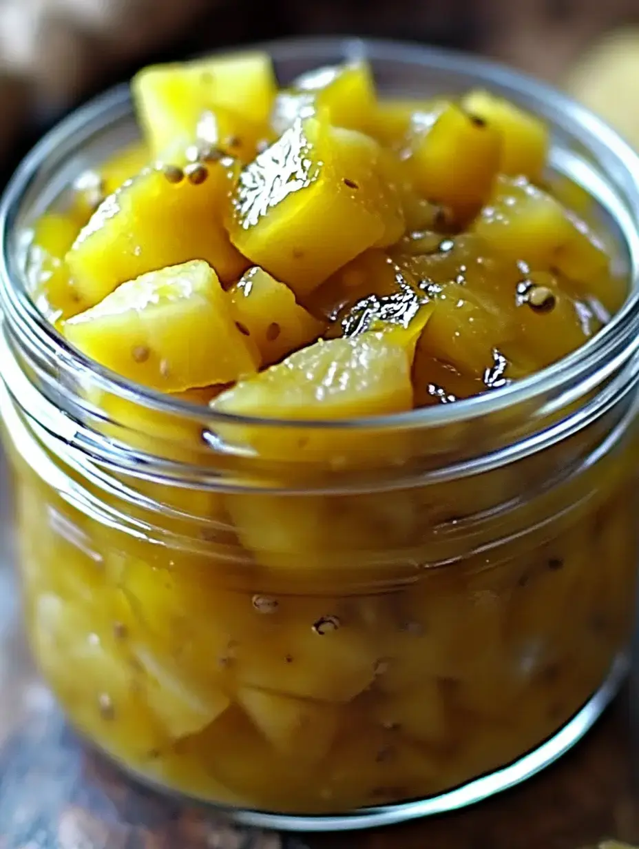 A jar filled with diced, translucent yellow fruit preserved in syrup, sprinkled with small seeds.