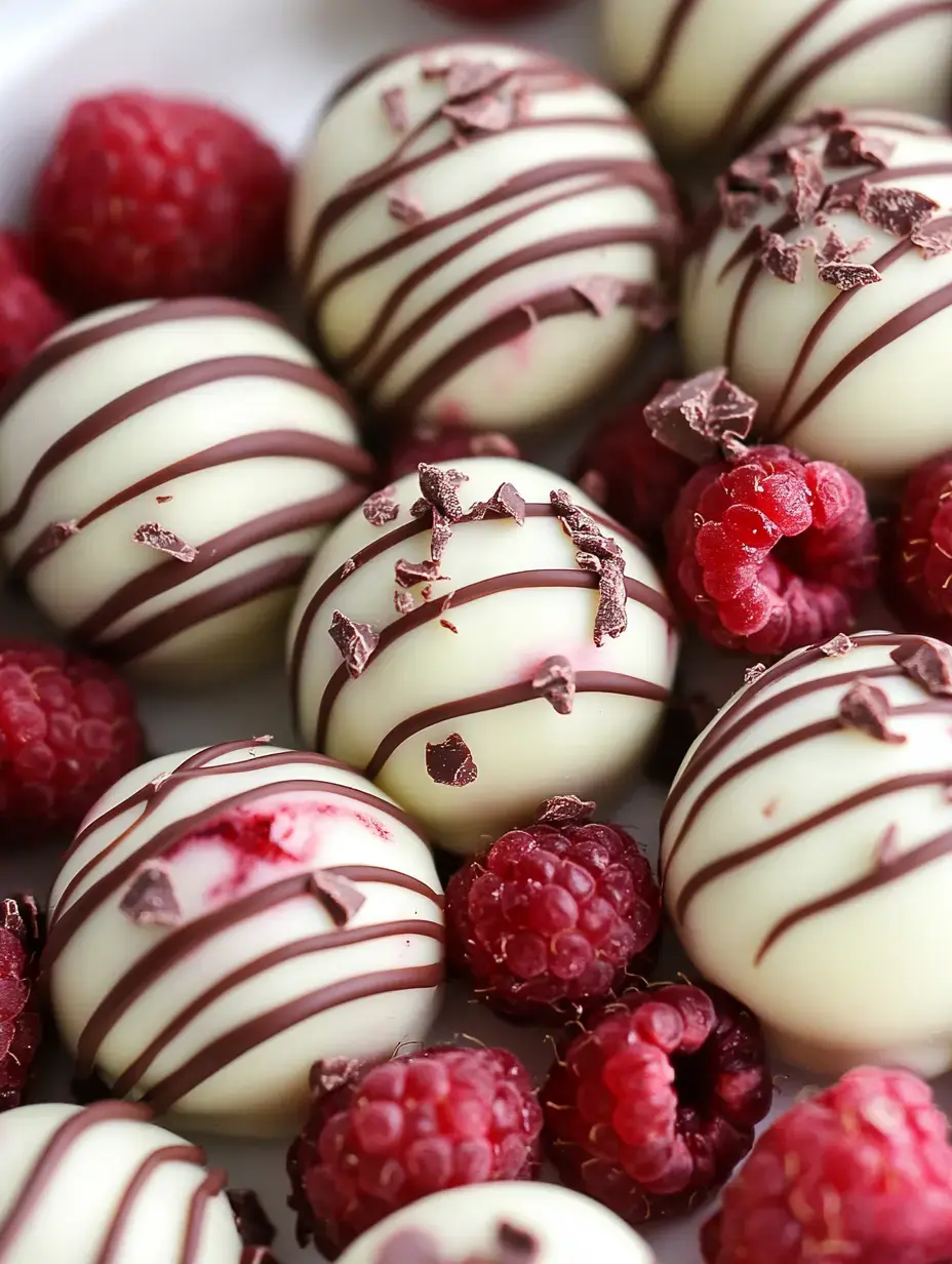 A close-up of white chocolate truffles drizzled with dark chocolate and garnished with raspberry pieces, surrounded by fresh raspberries.