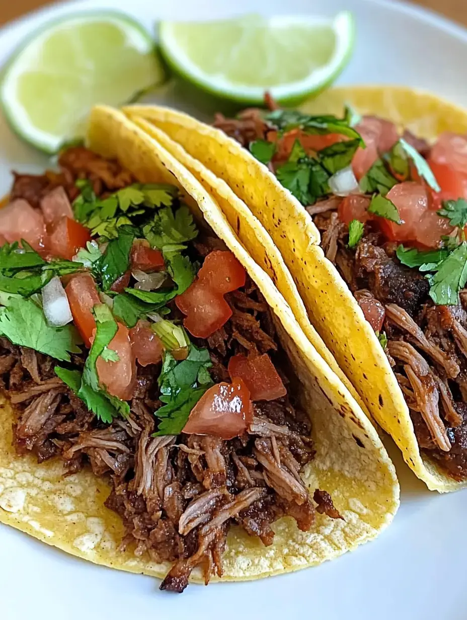 Two tacos filled with shredded meat, topped with diced tomatoes and cilantro, accompanied by lime wedges.