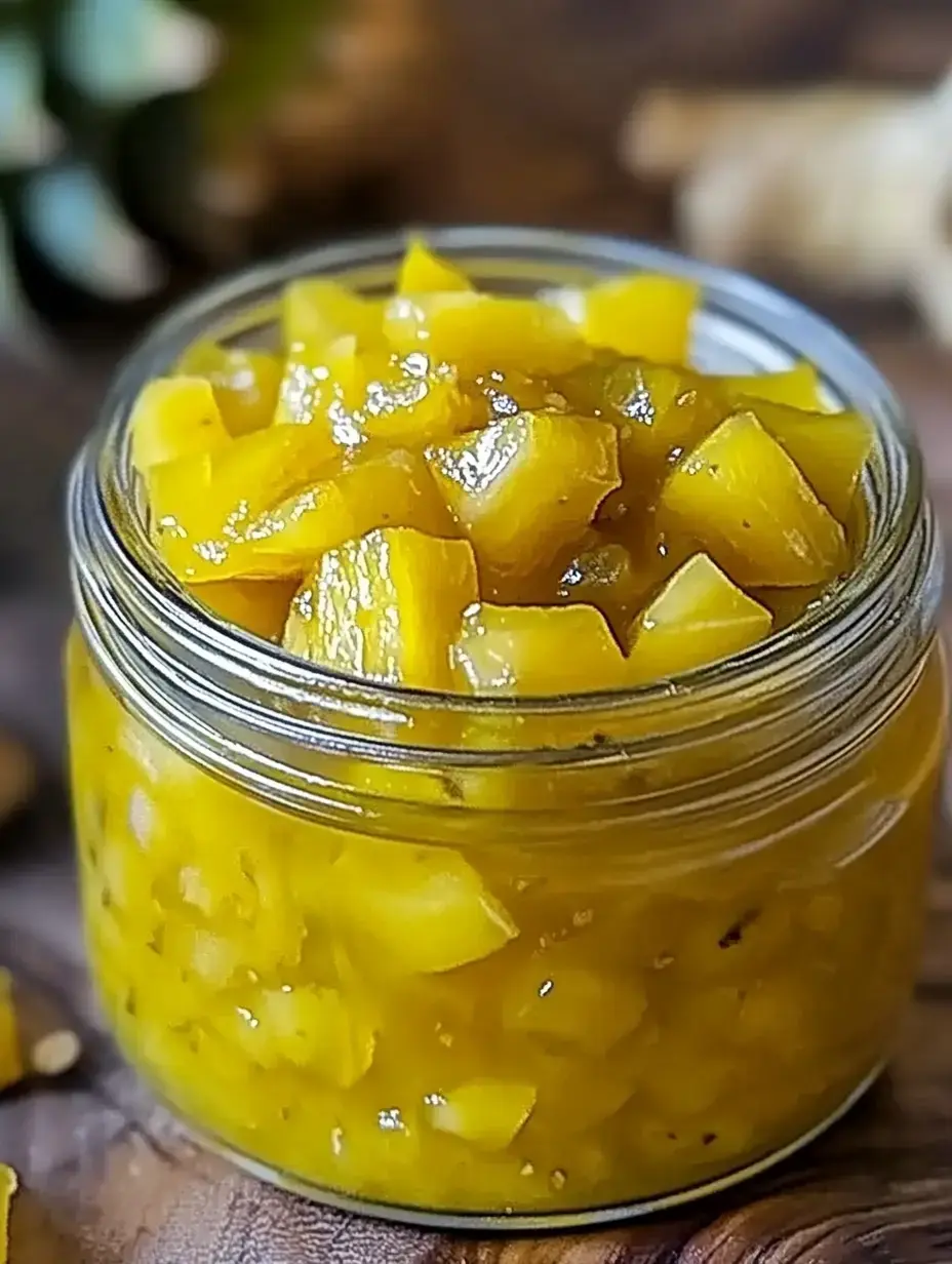 A jar filled with yellow fruit preserve containing diced pieces of pineapple.