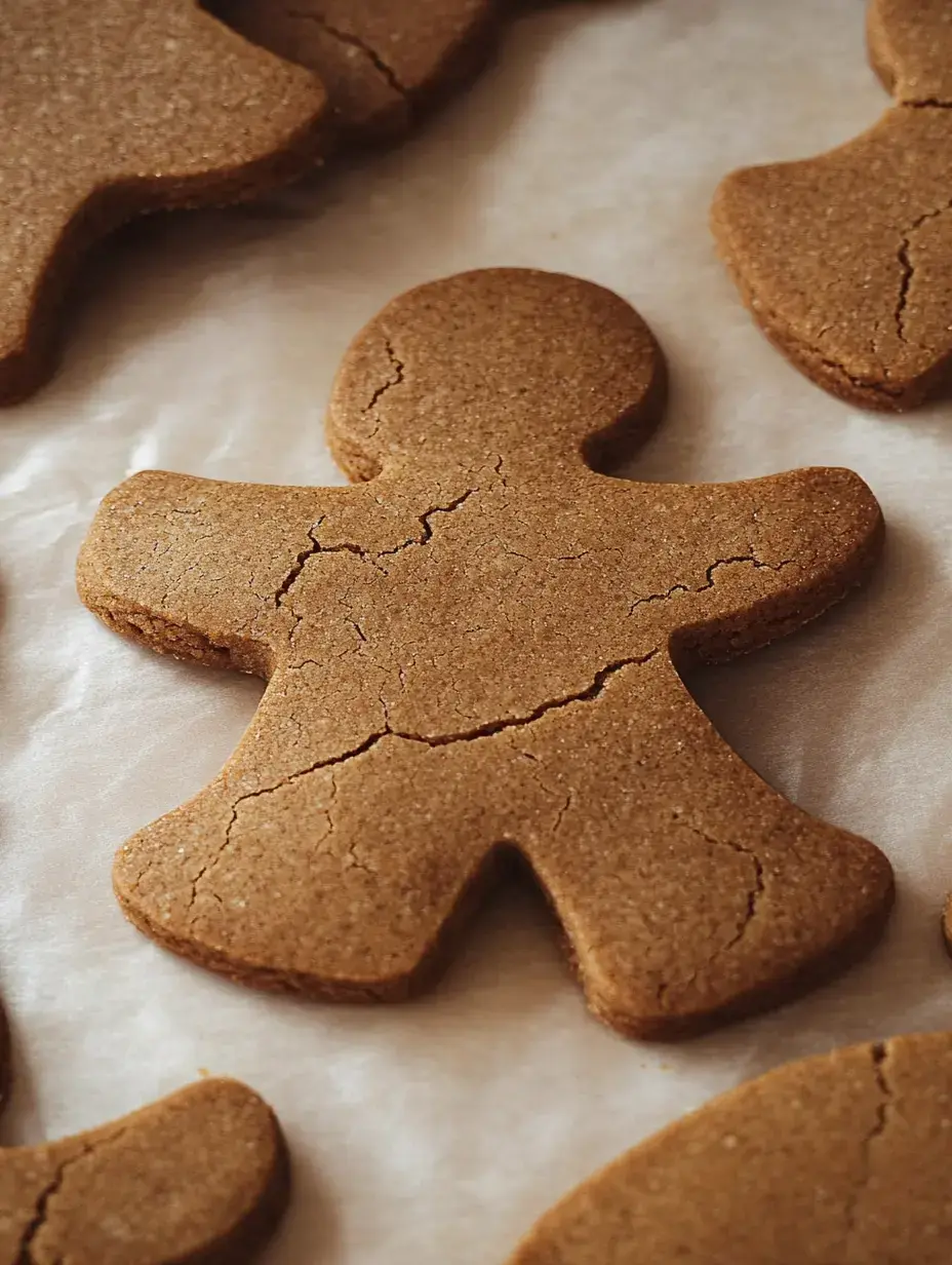 A close-up of cracked gingerbread cookies shaped like gingerbread men on parchment paper.