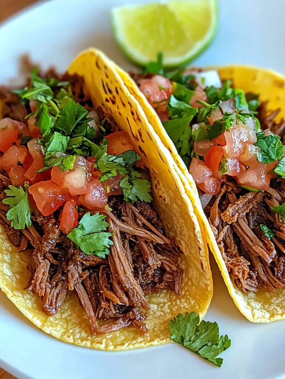 Two soft tacos filled with shredded beef, topped with fresh cilantro and diced tomatoes, accompanied by a wedge of lime.