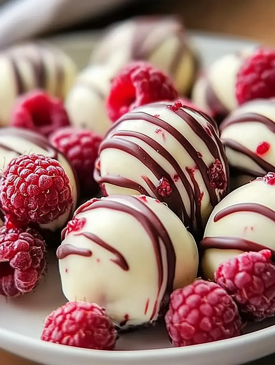 A plate of white chocolate-covered truffles drizzled with dark chocolate, surrounded by fresh raspberries.