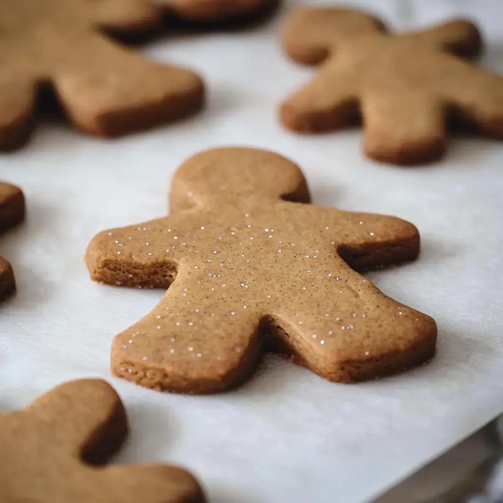 A close-up view of gingerbread cookies shaped like gingerbread men, sprinkled with glitter, on a sheet of parchment paper.