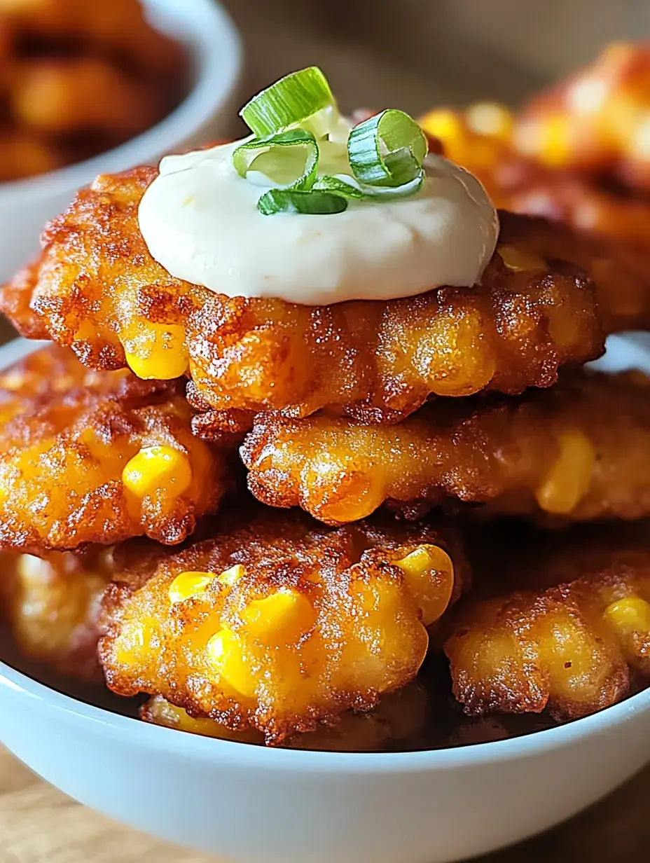 A bowl of golden-brown corn fritters topped with a dollop of creamy sauce and garnished with green onions.