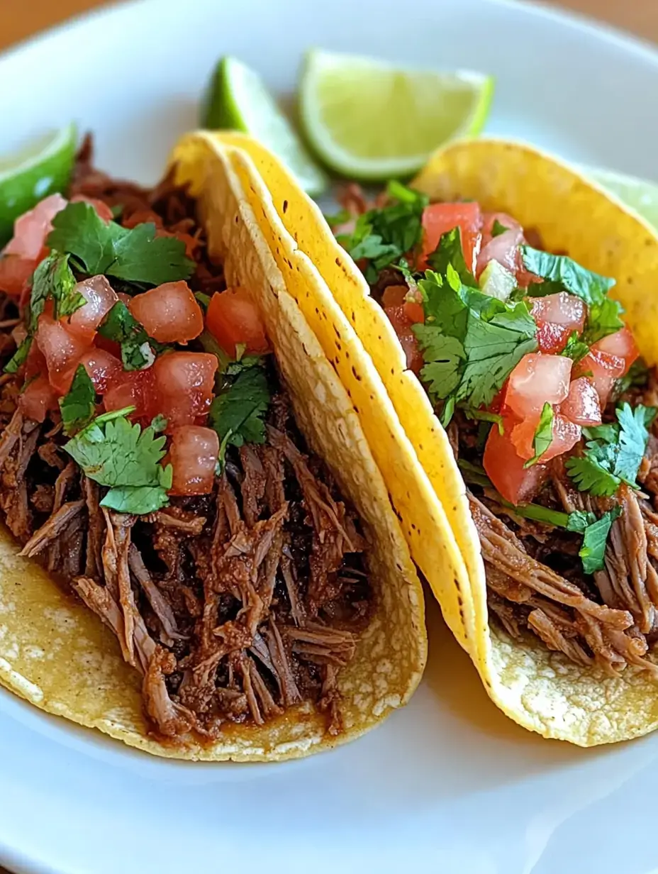 Two tacos filled with shredded meat, topped with fresh diced tomatoes and cilantro, served with lime wedges on the side.