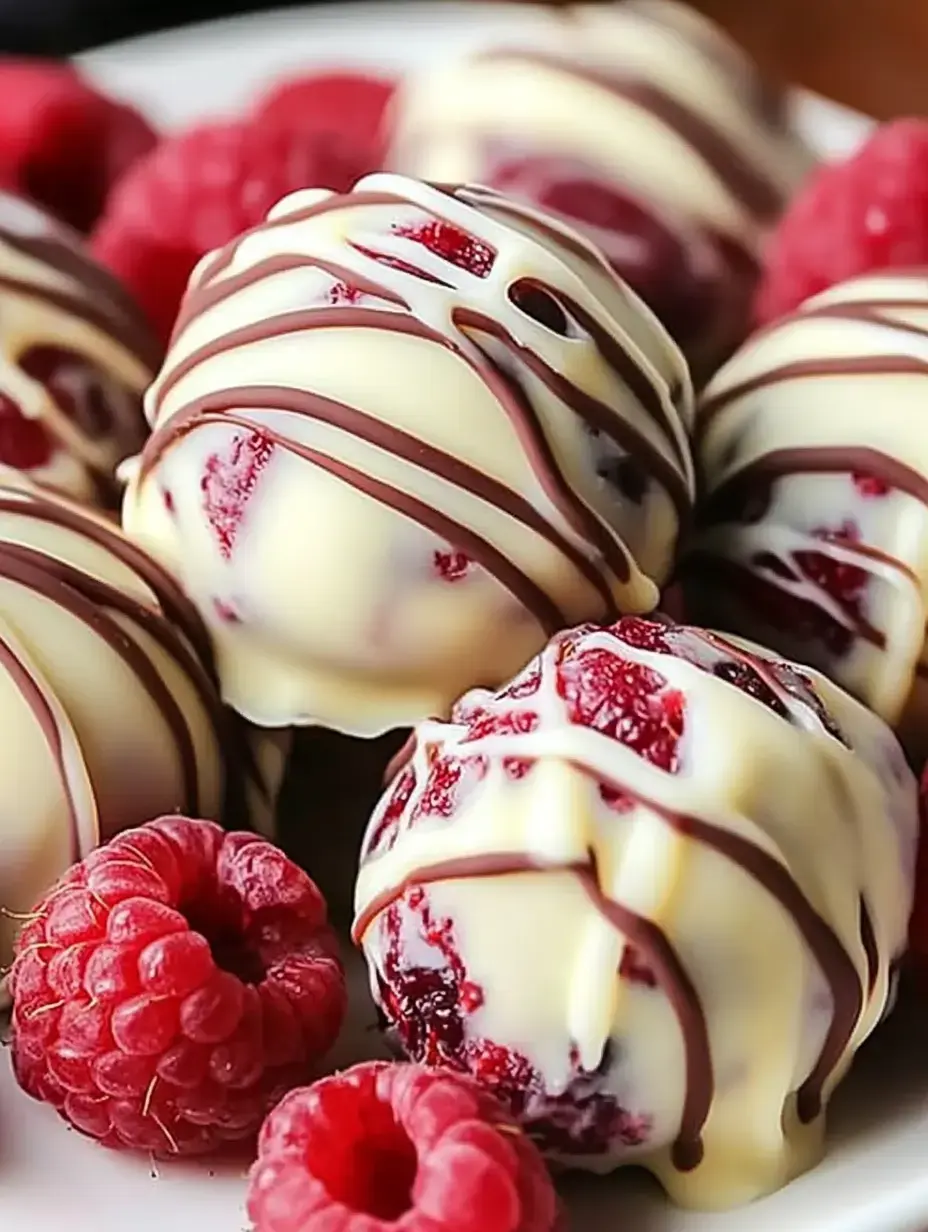 A plate of white chocolate-covered raspberry truffles drizzled with dark chocolate, surrounded by fresh raspberries.