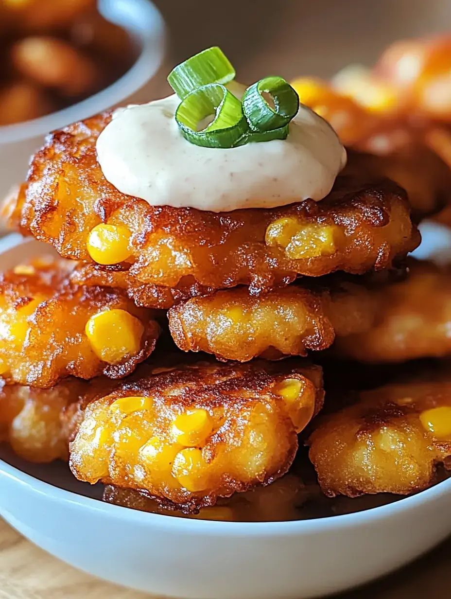 A close-up of golden-brown corn fritters stacked in a bowl, topped with a dollop of creamy sauce and garnished with green onions.