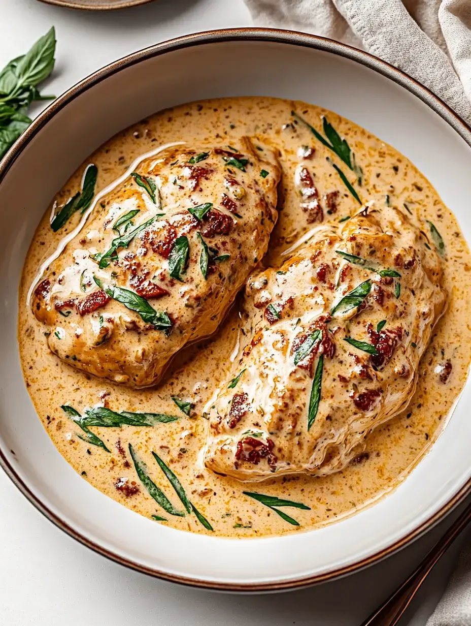 Two chicken breasts in a creamy sauce garnished with fresh herbs and sun-dried tomatoes in a decorative bowl.