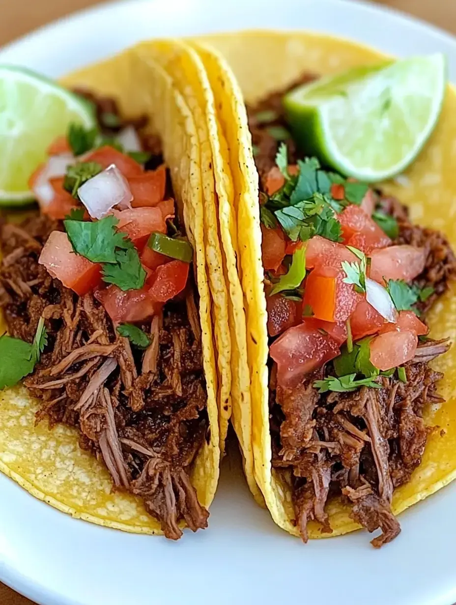 Two tacos filled with shredded meat, topped with diced tomatoes, onions, cilantro, and served with lime wedges.