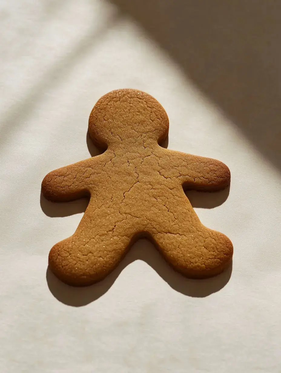 A gingerbread cookie in the shape of a gingerbread man rests on a light surface, illuminated by soft sunlight.