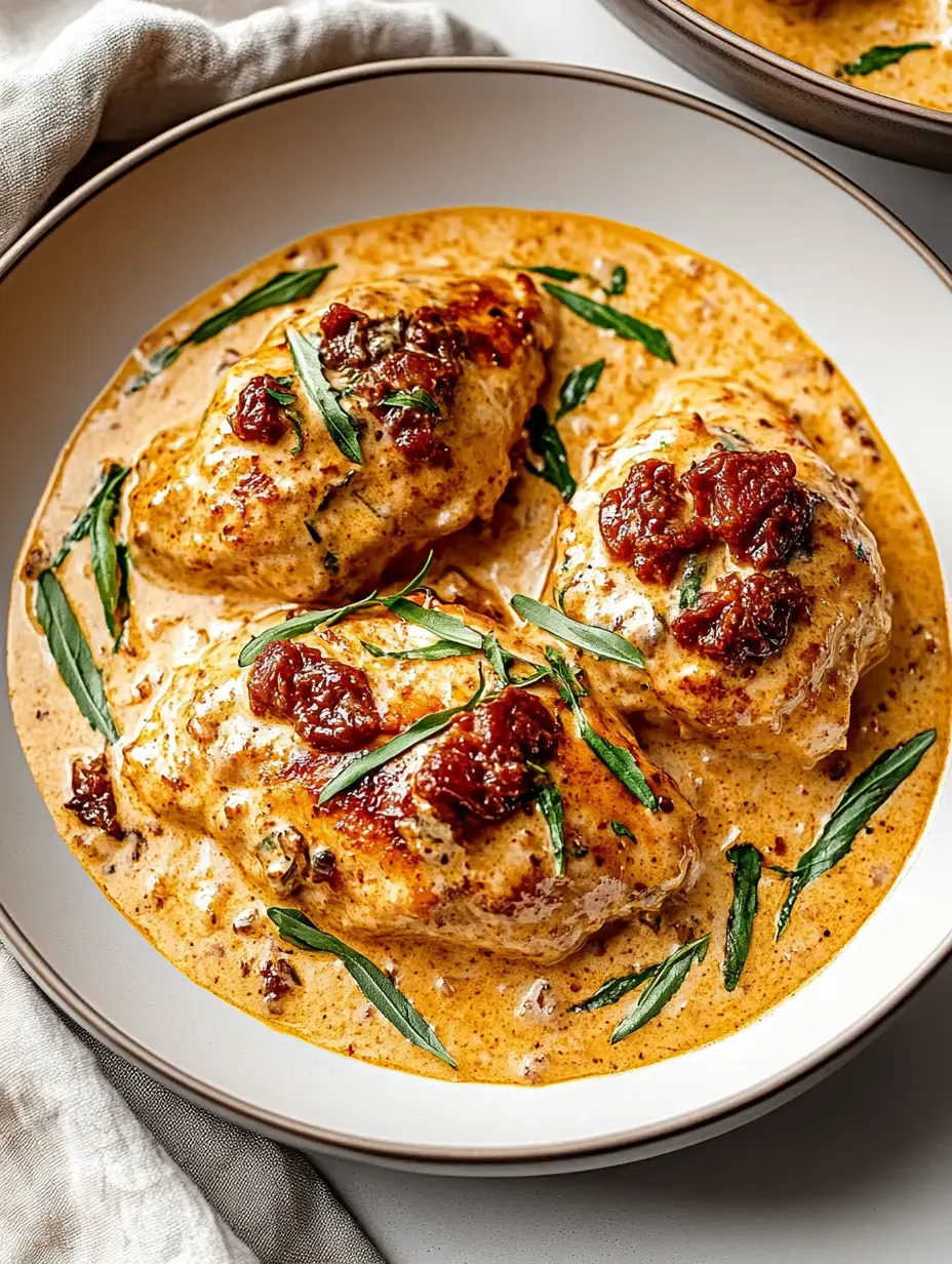 A plate of creamy chicken breasts garnished with herbs and sun-dried tomatoes in a rich sauce.