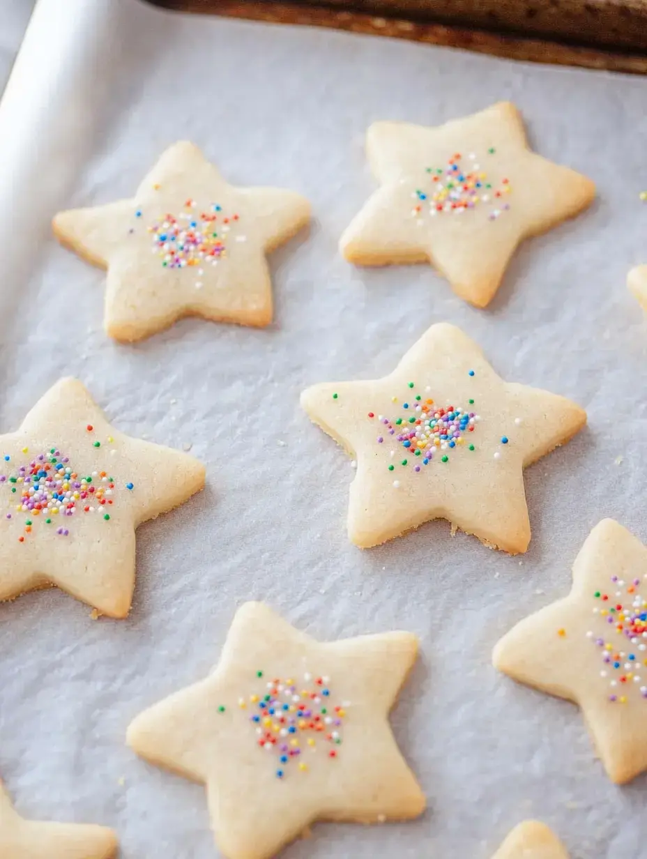 A tray of star-shaped cookies with colorful sprinkles on top, placed on parchment paper.