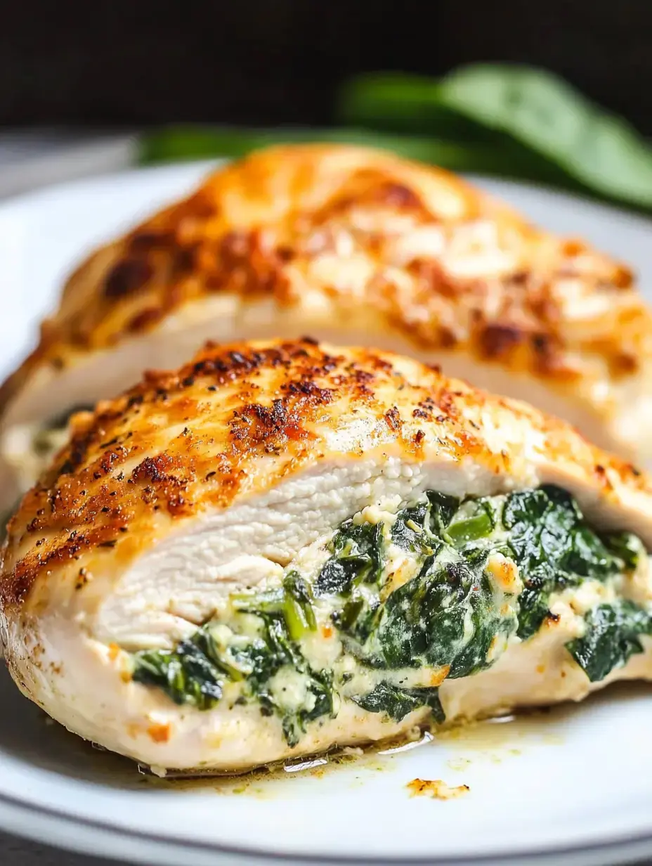 A close-up of a plate featuring two halves of grilled chicken breast filled with creamy spinach and cheese.