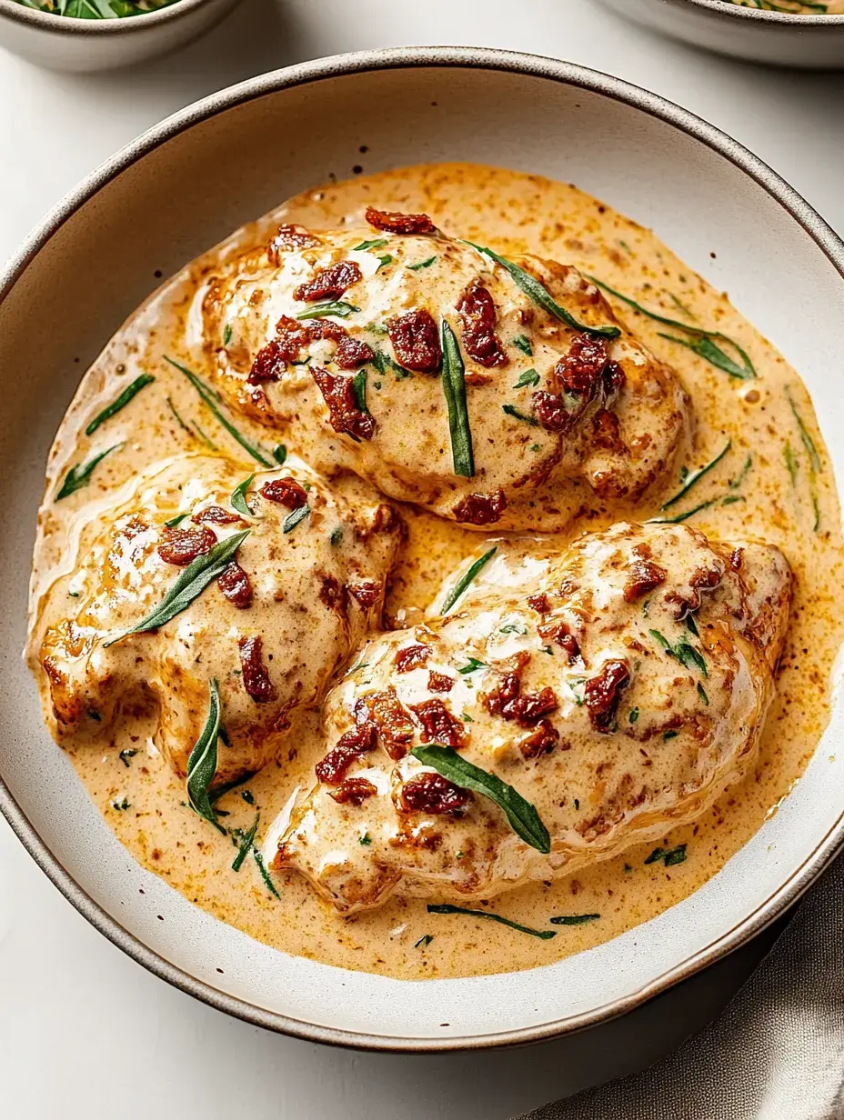 Three chicken breasts in a creamy sauce, garnished with herbs and sun-dried tomatoes, served in a bowl.