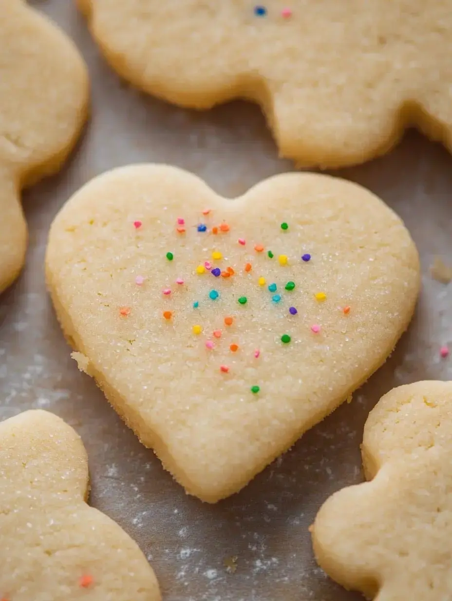 A heart-shaped cookie topped with colorful sprinkles, surrounded by other unbaked cookies.