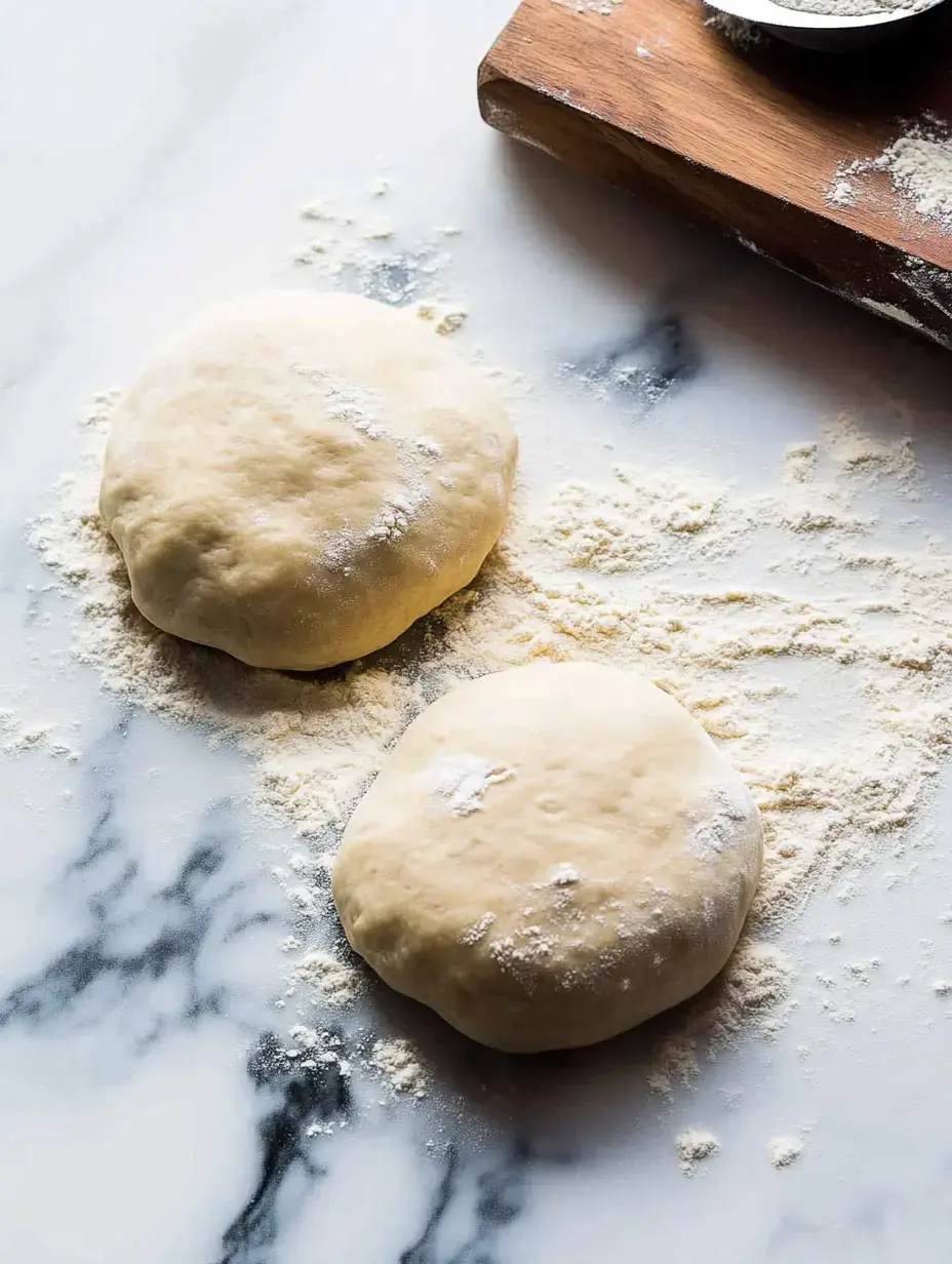 Two round pieces of dough are resting on a floured marble surface, with scattered flour and a wooden board in the background.