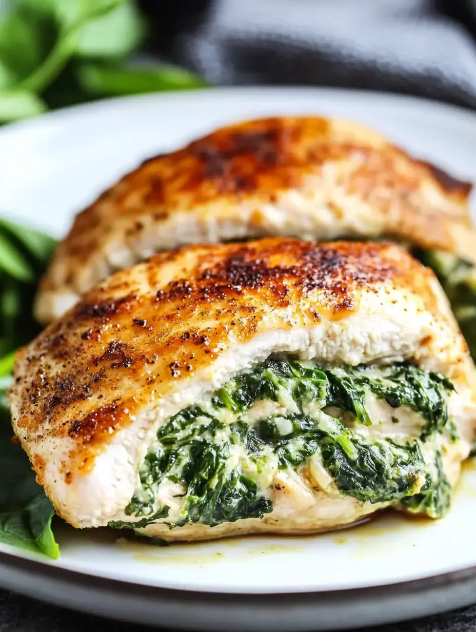 A close-up of two stuffed chicken breasts, revealing a creamy spinach filling, garnished with fresh greens on a white plate.