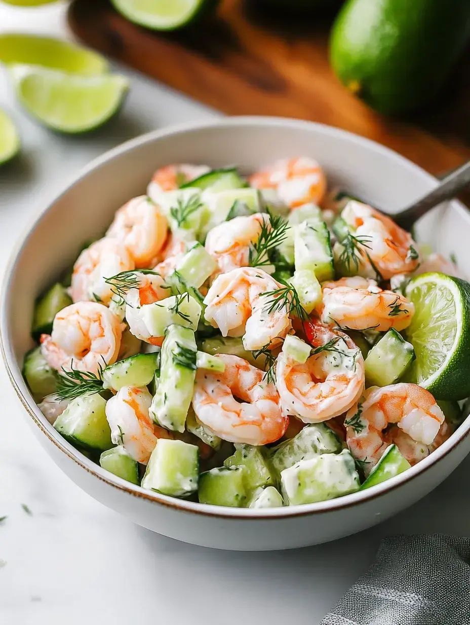 A bowl of shrimp salad with cucumber, dill, and lime wedges.