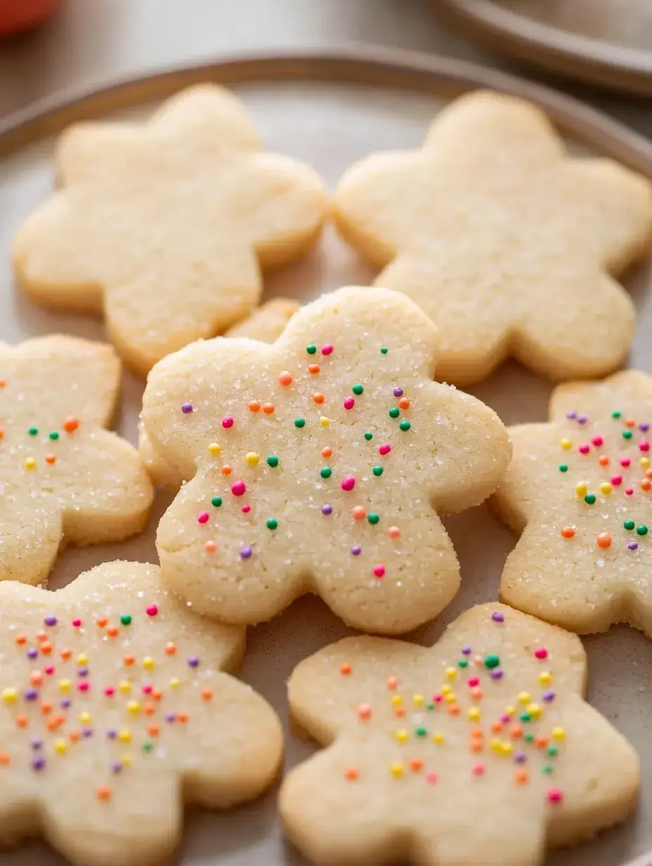 A plate of flower-shaped sugar cookies decorated with colorful sprinkles.