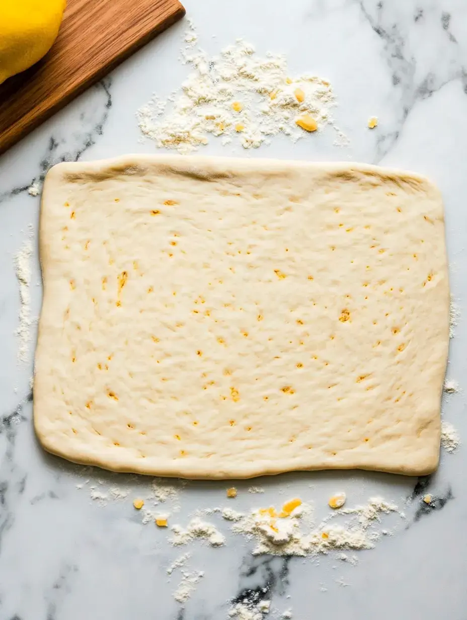 A rectangular sheet of dough is spread out on a marble surface, surrounded by scattered flour and a lemon.