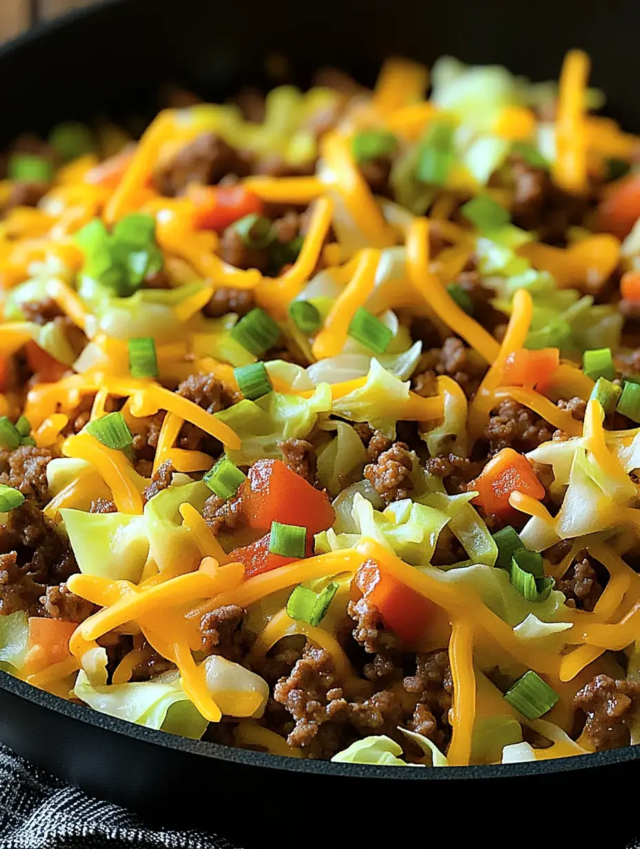 A close-up of a skillet filled with cooked ground beef, shredded cheddar cheese, chopped tomatoes, green onions, and shredded cabbage.