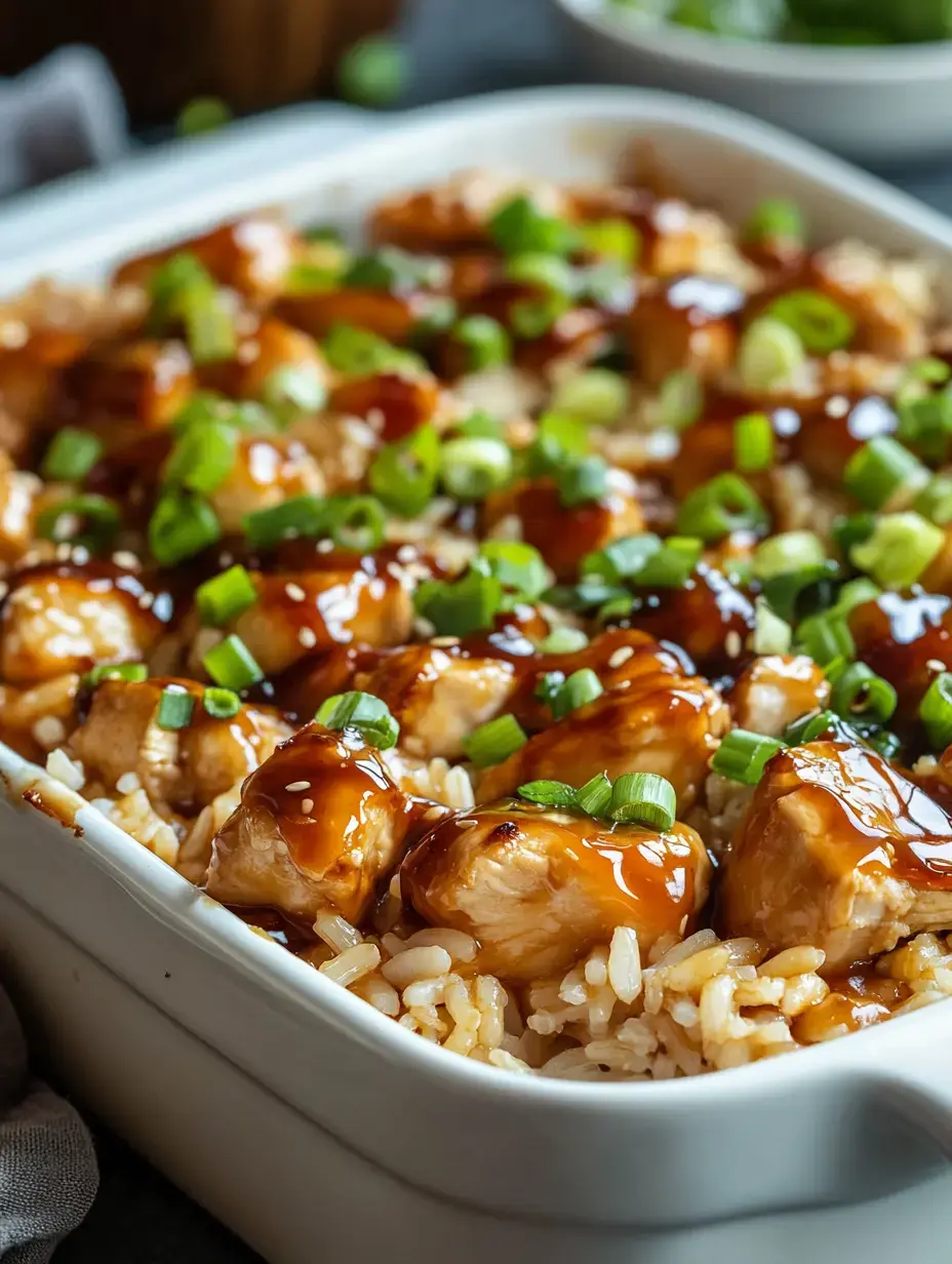 A close-up of a white dish filled with rice topped with chunks of chicken and drizzled with sauce, garnished with chopped green onions.